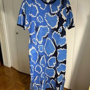 Never Fully Dressed Blue and White Abstract Midi Dress